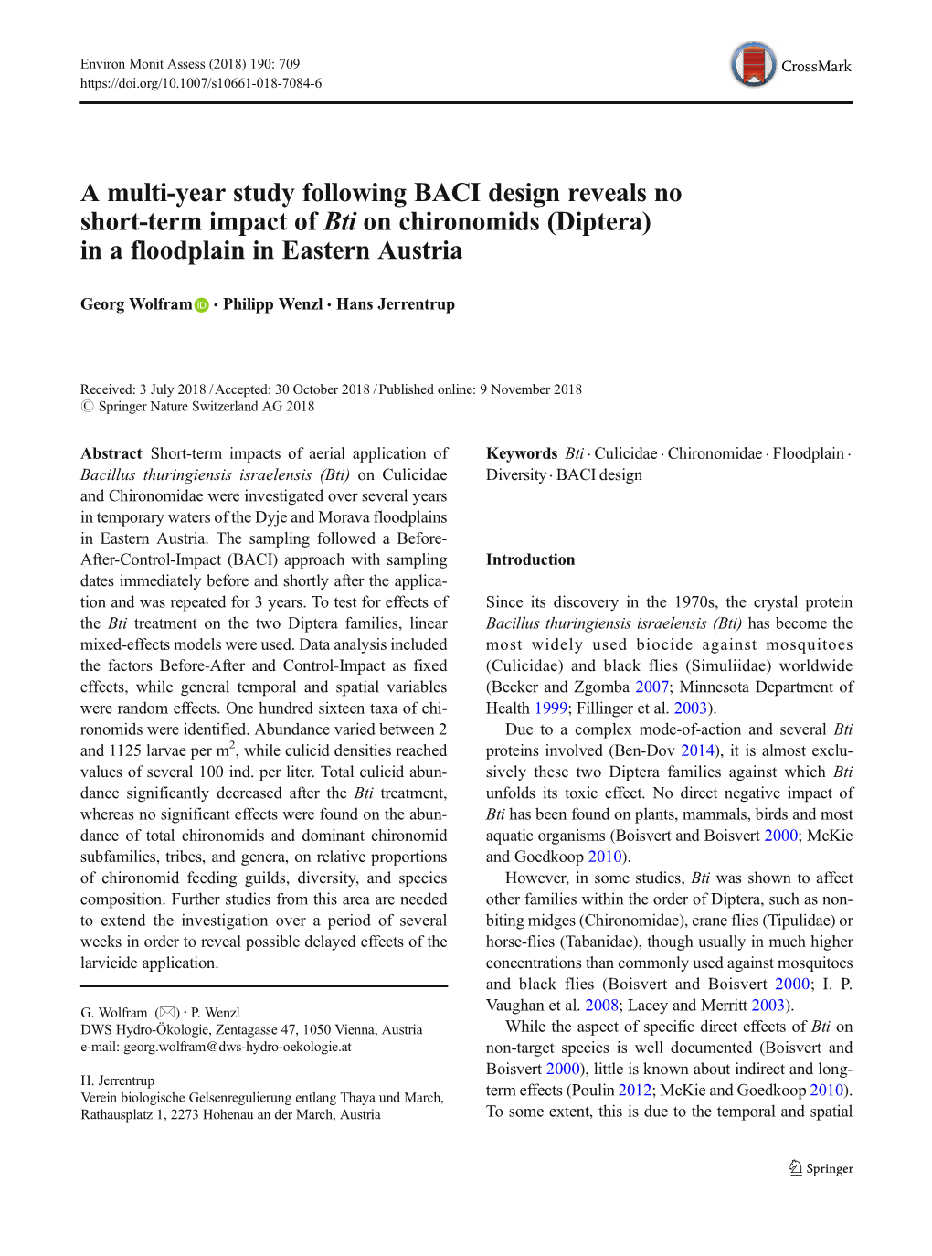 A Multi-Year Study Following BACI Design Reveals No Short-Term Impact of Bti on Chironomids (Diptera) in a Floodplain in Eastern Austria