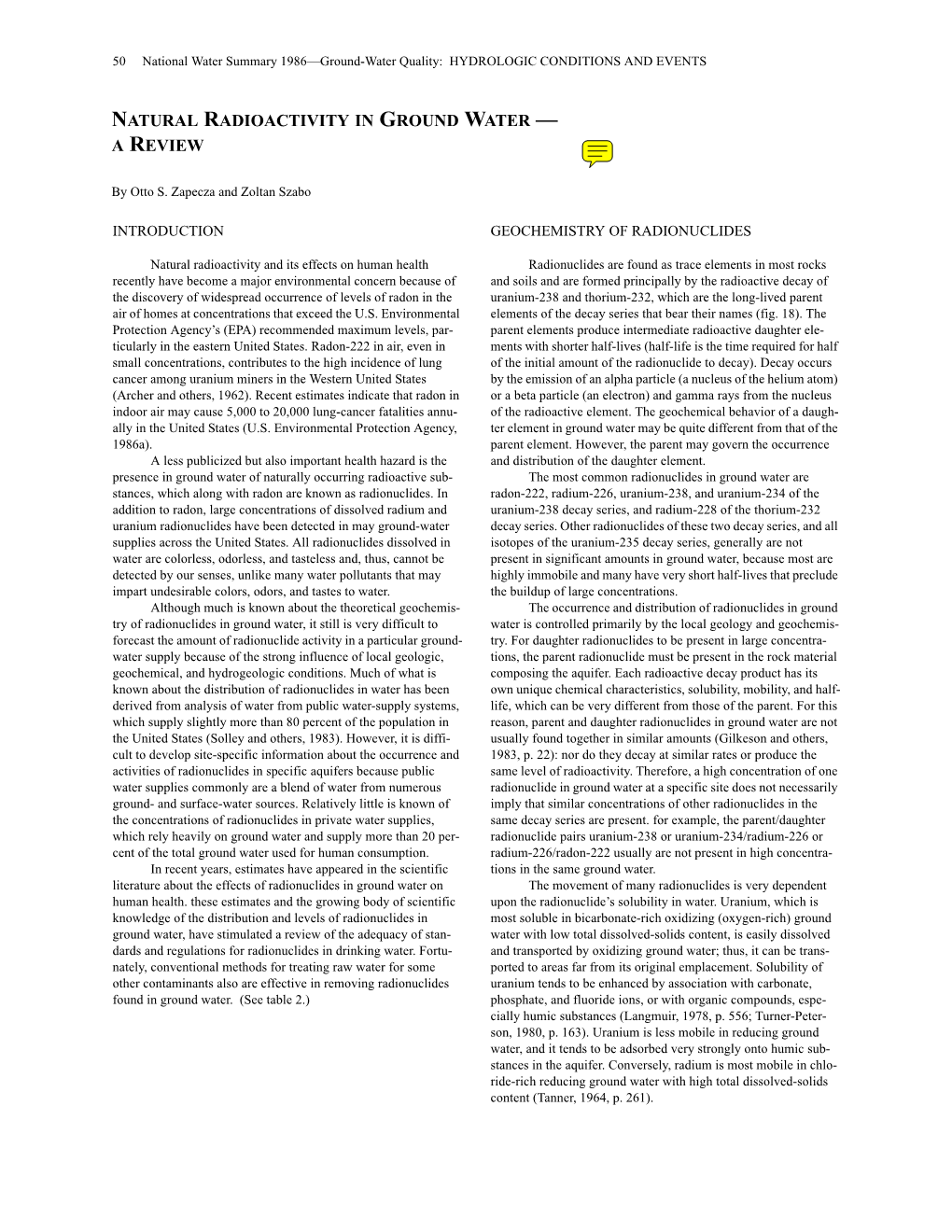 Natural Radioactivity in Ground Water- a Review, USGS, Reston VA