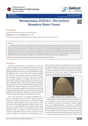 Mesopotamia 2550 B.C.: the Earliest Boundary Water Treaty