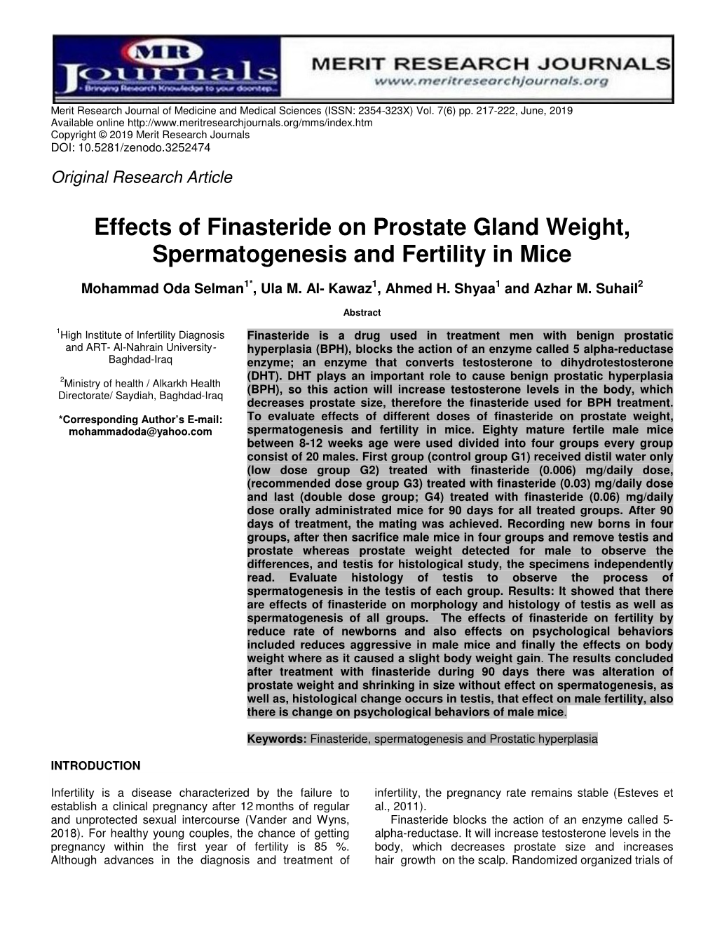 Effects of Finasteride on Prostate Gland Weight, Spermatogenesis and Fertility in Mice