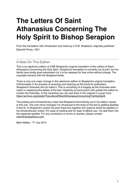 The Letters of Saint Athanasius Concerning the Holy Spirit to Bishop Serapion! � from the Translation with Introduction and Notes by C.R.B