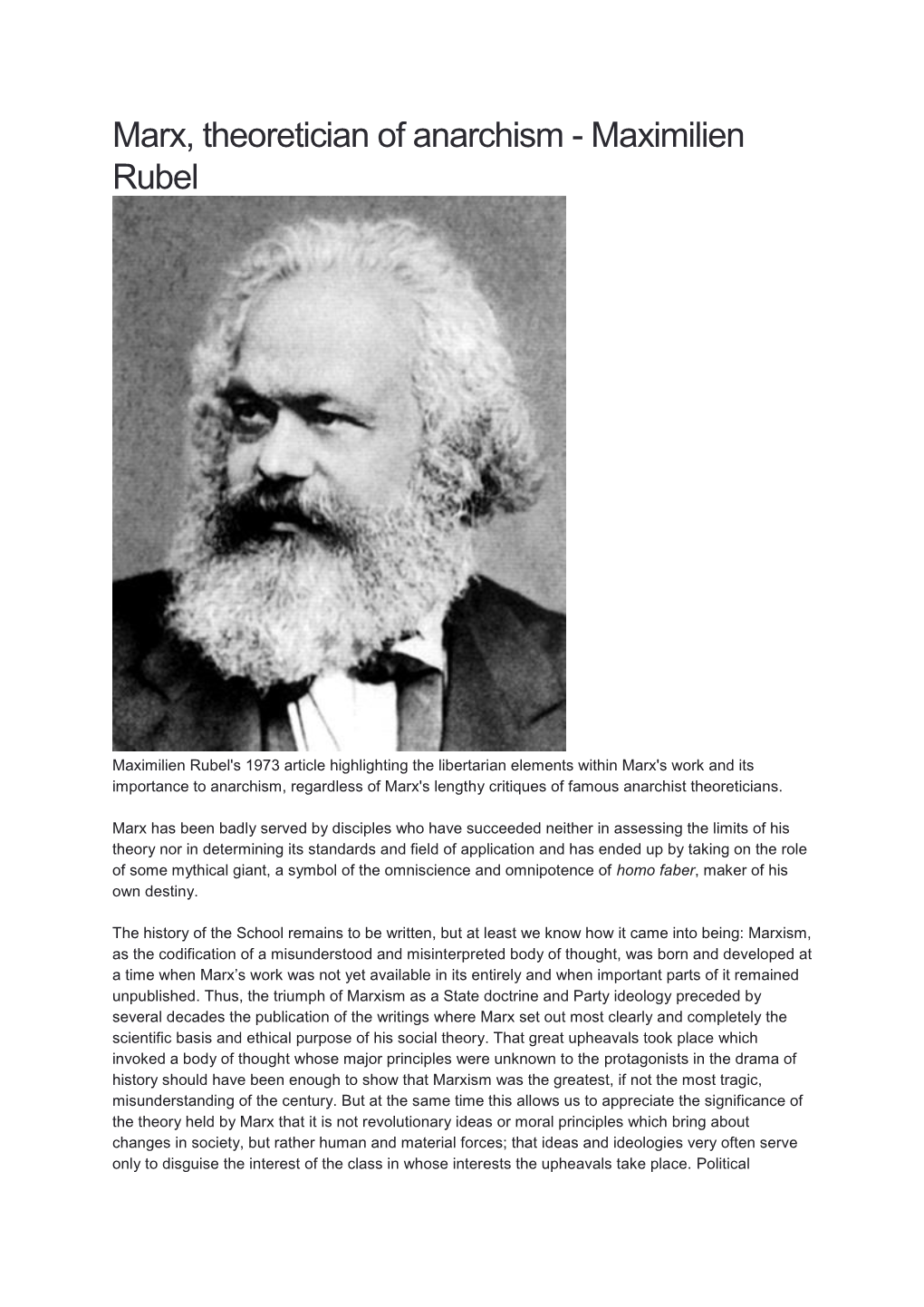 Marx, Theoretician of Anarchism - Maximilien Rubel