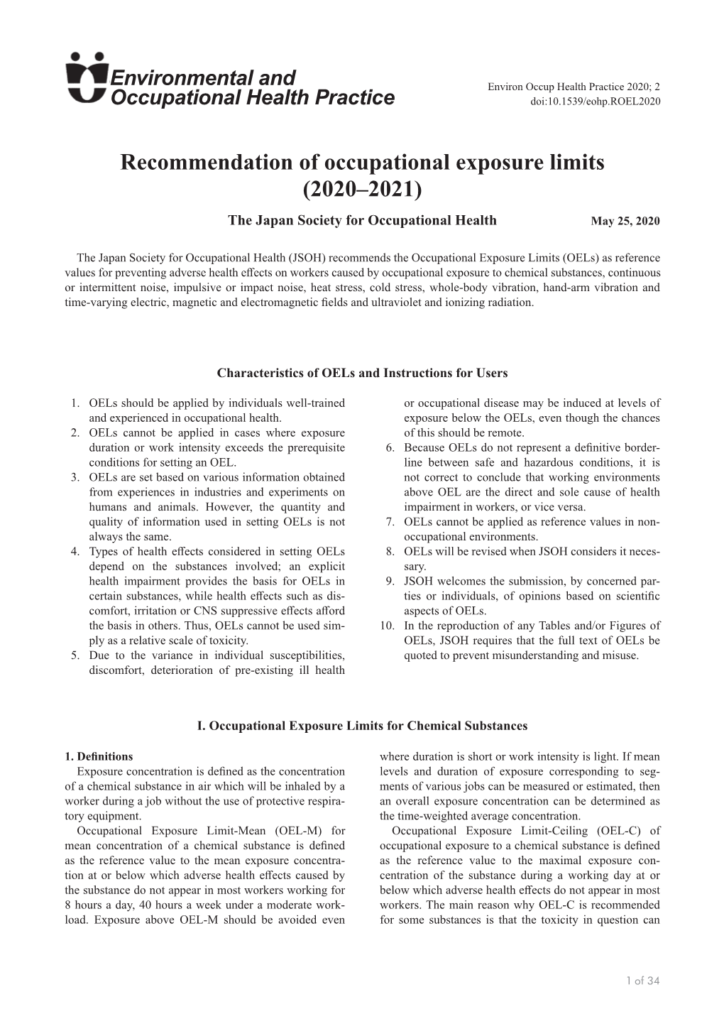 Recommendation of Occupational Exposure Limits (2020–2021) the Japan Society for Occupational Health May 25, 2020