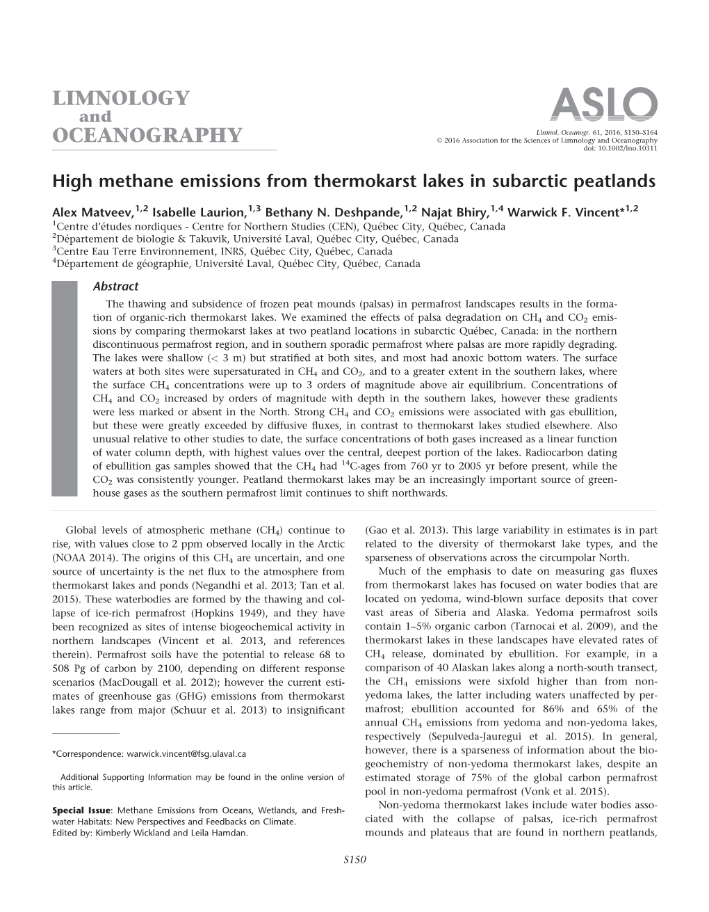 High Methane Emissions from Thermokarst Lakes in Subarctic Peatlands