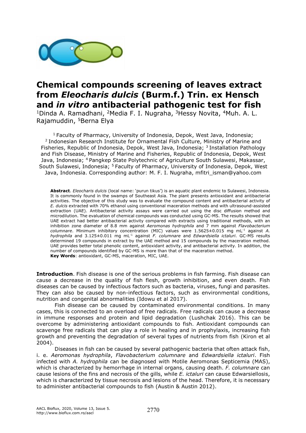 Chemical Compounds Screening of Leaves Extract from Eleocharis Dulcis (Burm.F.) Trin
