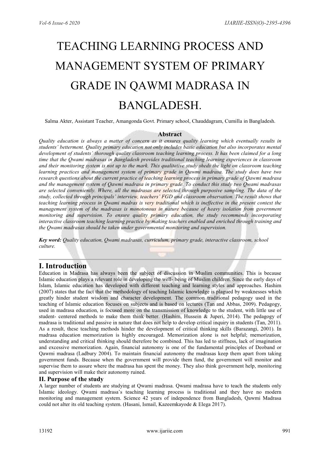 Teaching Learning Process and Management System of Primary Grade in Qawmi Madrasa in Bangladesh