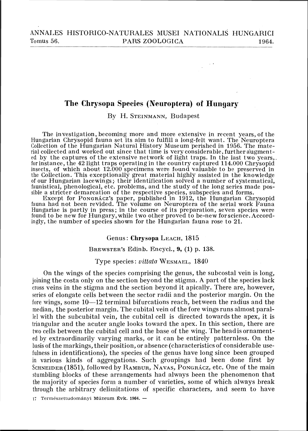 The Chrysopa Species (Neuroptera) of Iinngar~ by H