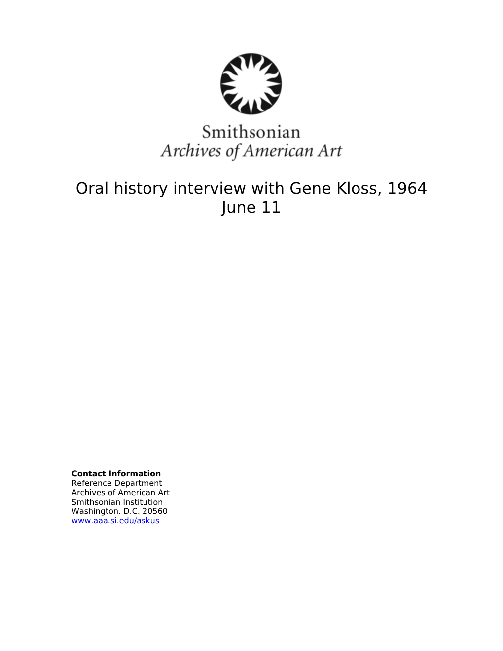 Oral History Interview with Gene Kloss, 1964 June 11