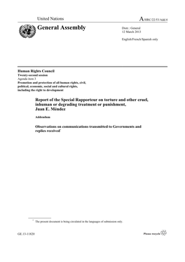 Report of the Special Rapporteur on Torture and Other Cruel, Inhuman Or Degrading Treatment Or Punishment, Juan E