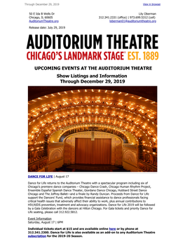 UPCOMING EVENTS at the AUDITORIUM THEATRE Show Listings and Information Through December 29, 2019