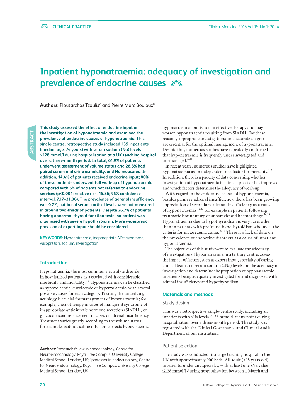 Inpatient Hyponatraemia: Adequacy of Investigation and Prevalence of Endocrine Causes