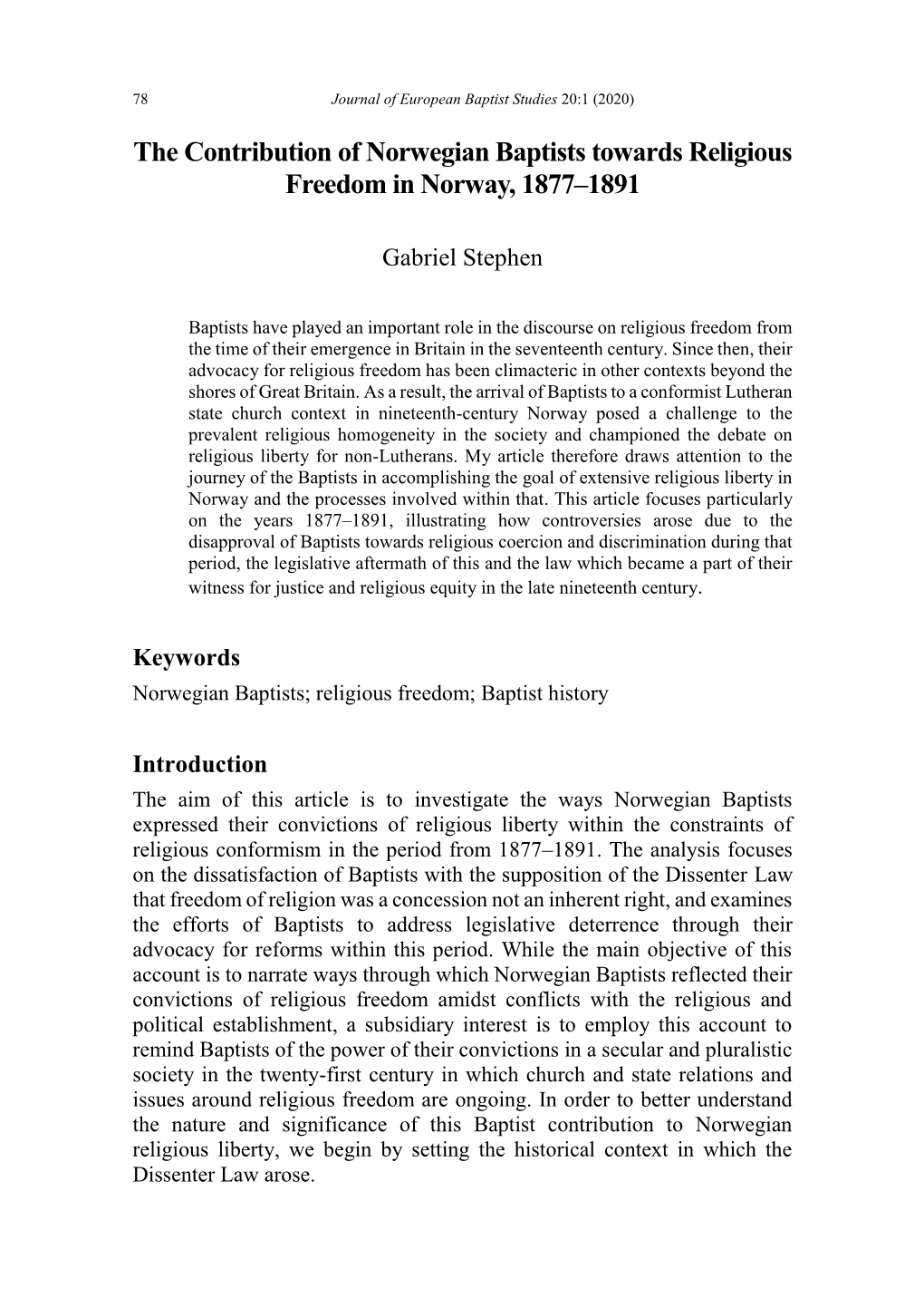 The Contribution of Norwegian Baptists Towards Religious Freedom in Norway, 1877–1891