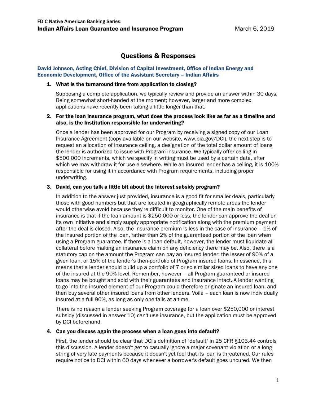 Indian Affairs Loan Guarantee and Insurance Program March 6, 2019