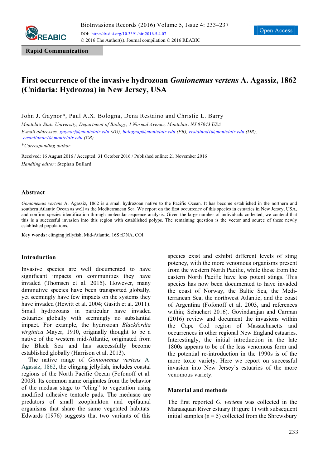First Occurrence of the Invasive Hydrozoan Gonionemus Vertens A