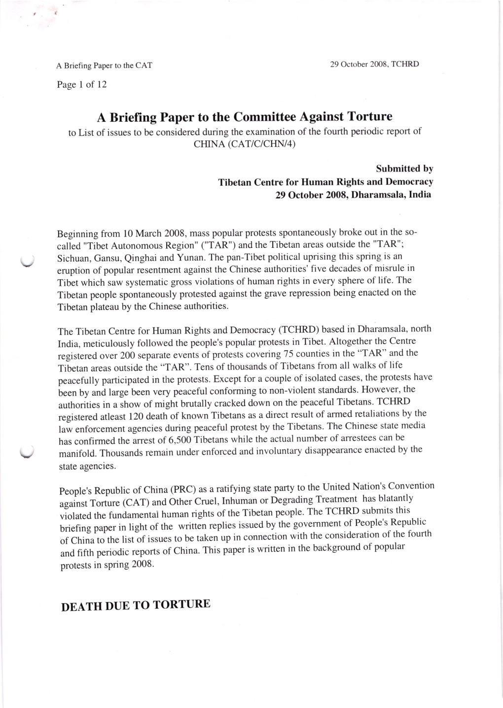 A Briefing Paper to the Committee Against Torture 2008