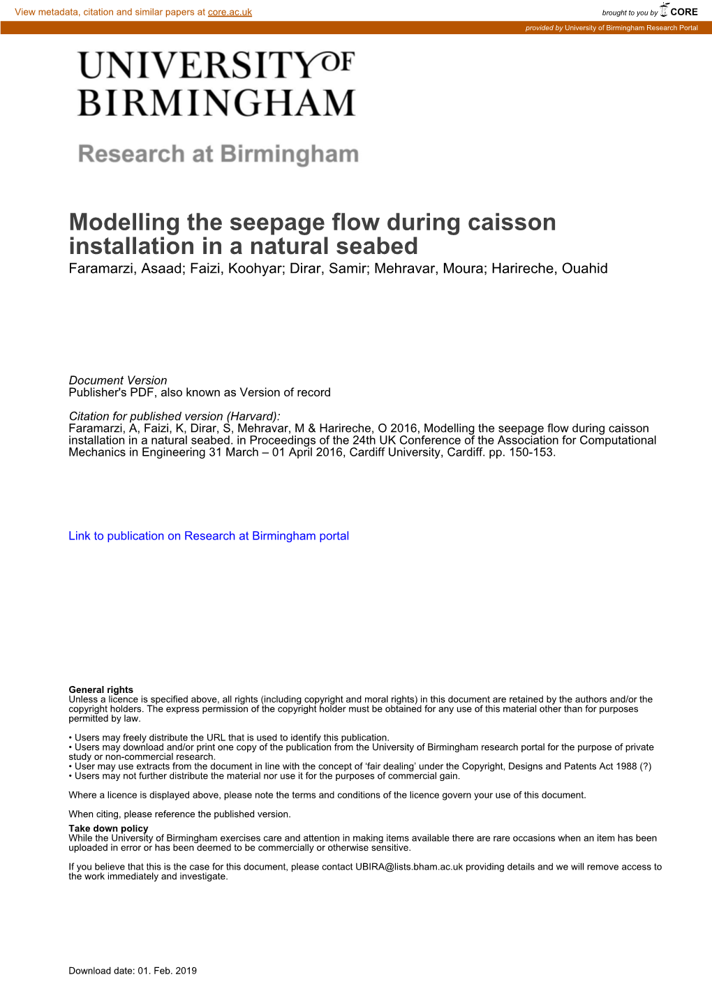 Modelling the Seepage Flow During Caisson Installation in a Natural Seabed Faramarzi, Asaad; Faizi, Koohyar; Dirar, Samir; Mehravar, Moura; Harireche, Ouahid