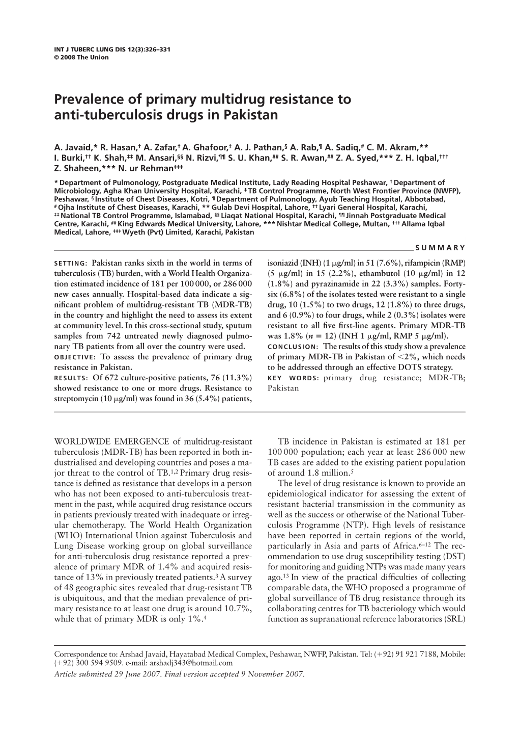 Prevalence of Primary Multidrug Resistance to Anti-Tuberculosis Drugs in Pakistan