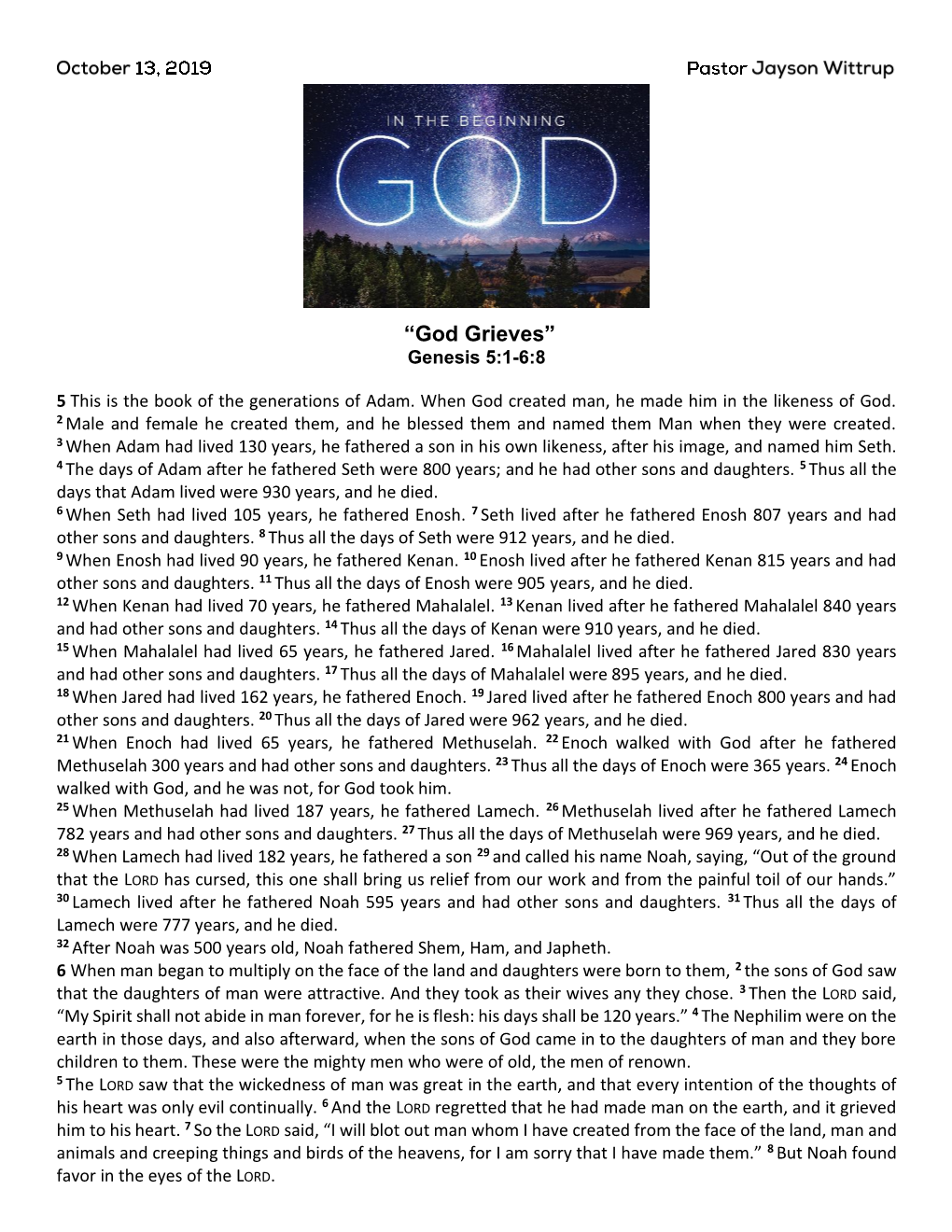 “God Grieves” Genesis 5:1-6:8