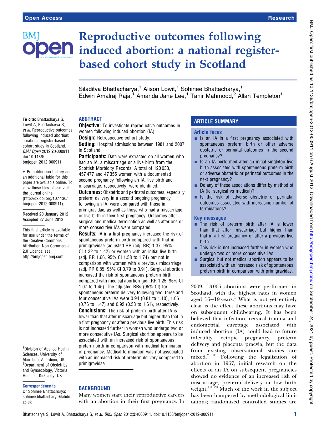 Reproductive Outcomes Following Induced Abortion: a National Register- Based Cohort Study in Scotland