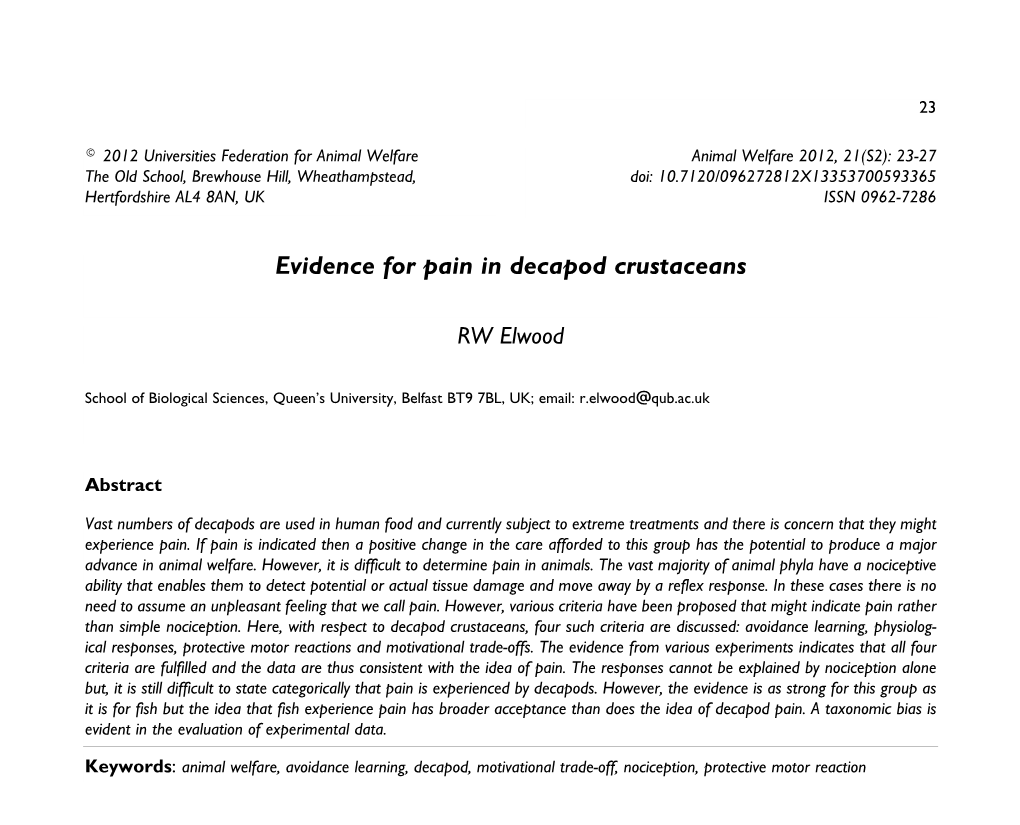 Evidence for Pain in Decapod Crustaceans. RW Elwood