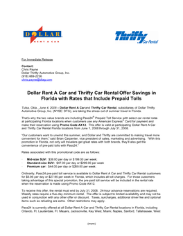 Dollar Rent a Car and Thrifty Car Rental Offer Savings in Florida with Rates That Include Prepaid Tolls
