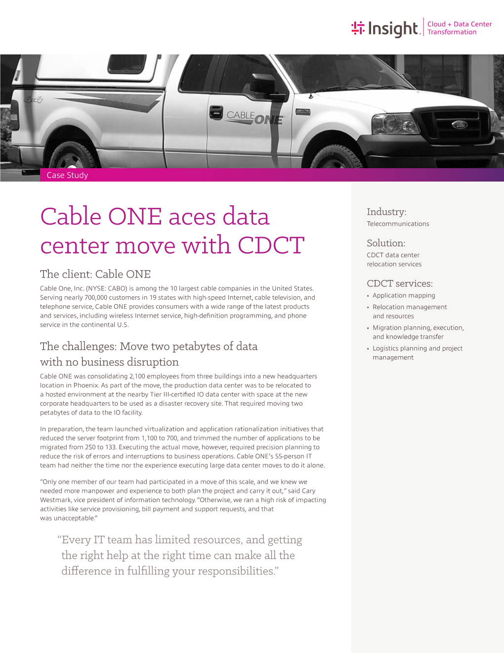 Cable ONE Aces Data Telecommunications Solution: Center Move with CDCT CDCT Data Center Relocation Services the Client: Cable ONE Cable One, Inc