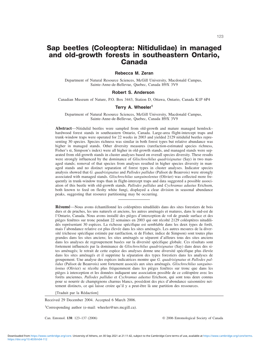 Sap Beetles (Coleoptera: Nitidulidae) in Managed and Old-Growth Forests in Southeastern Ontario, Canada