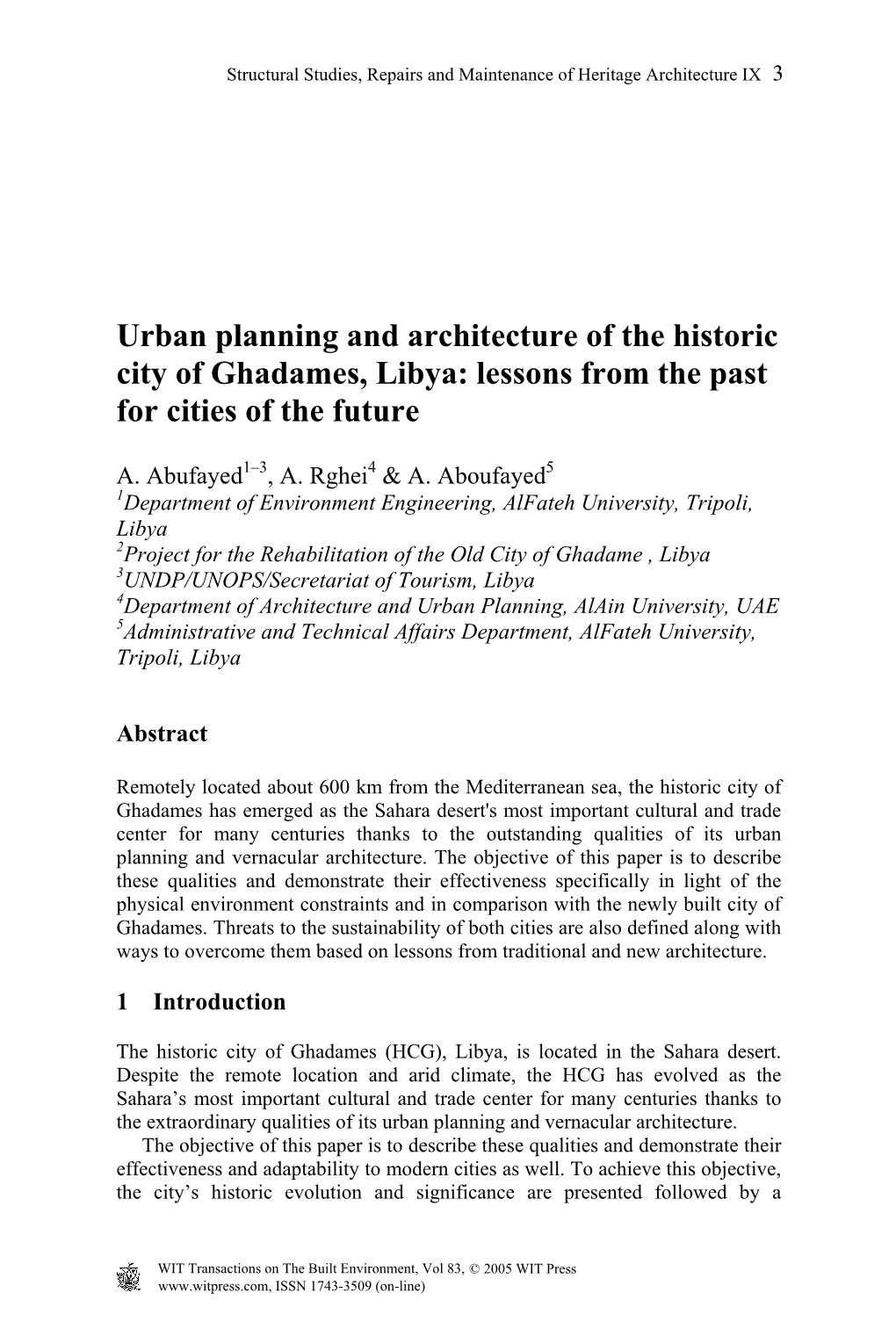 Urban Planning and Architecture of the Historic City of Ghadames, Libya: Lessons from the Past for Cities of the Future