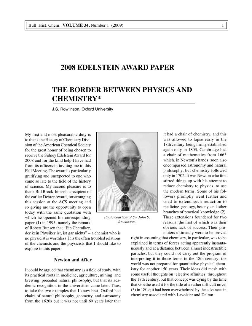 The Border Between Physics and Chemistry* 2008