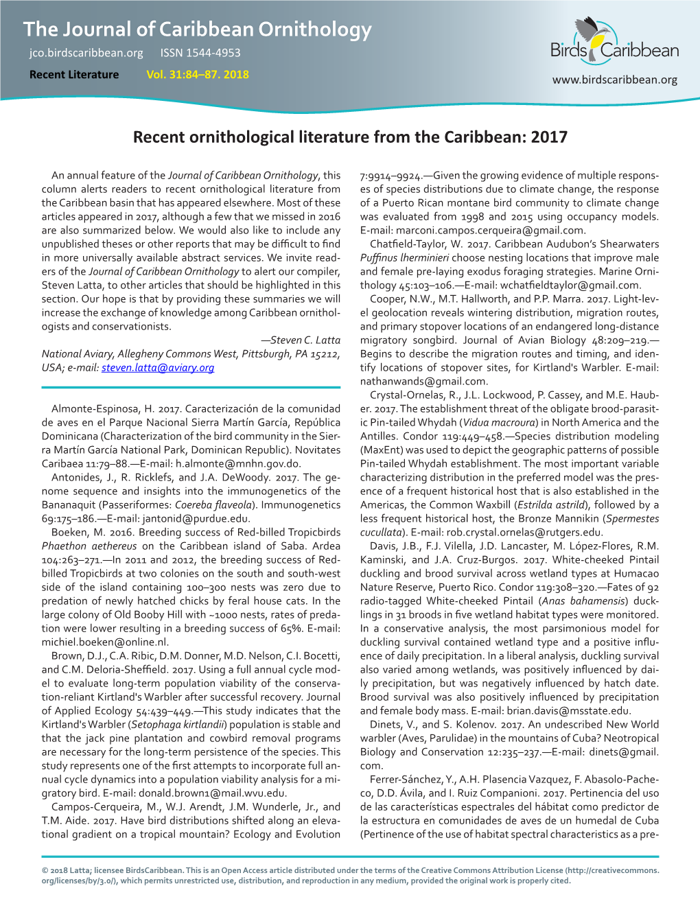 The Journal of Caribbean Ornithology Jco.Birdscaribbean.Org ISSN 1544-4953