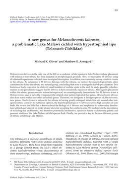 A New Genus for Melanochromis Labrosus, a Problematic Lake Malawi Cichlid with Hypertrophied Lips (Teleostei: Cichlidae)