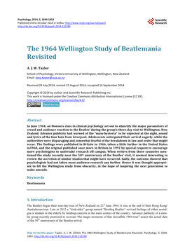 The 1964 Wellington Study of Beatlemania Revisited. Psychology, 5, 1844- 1853