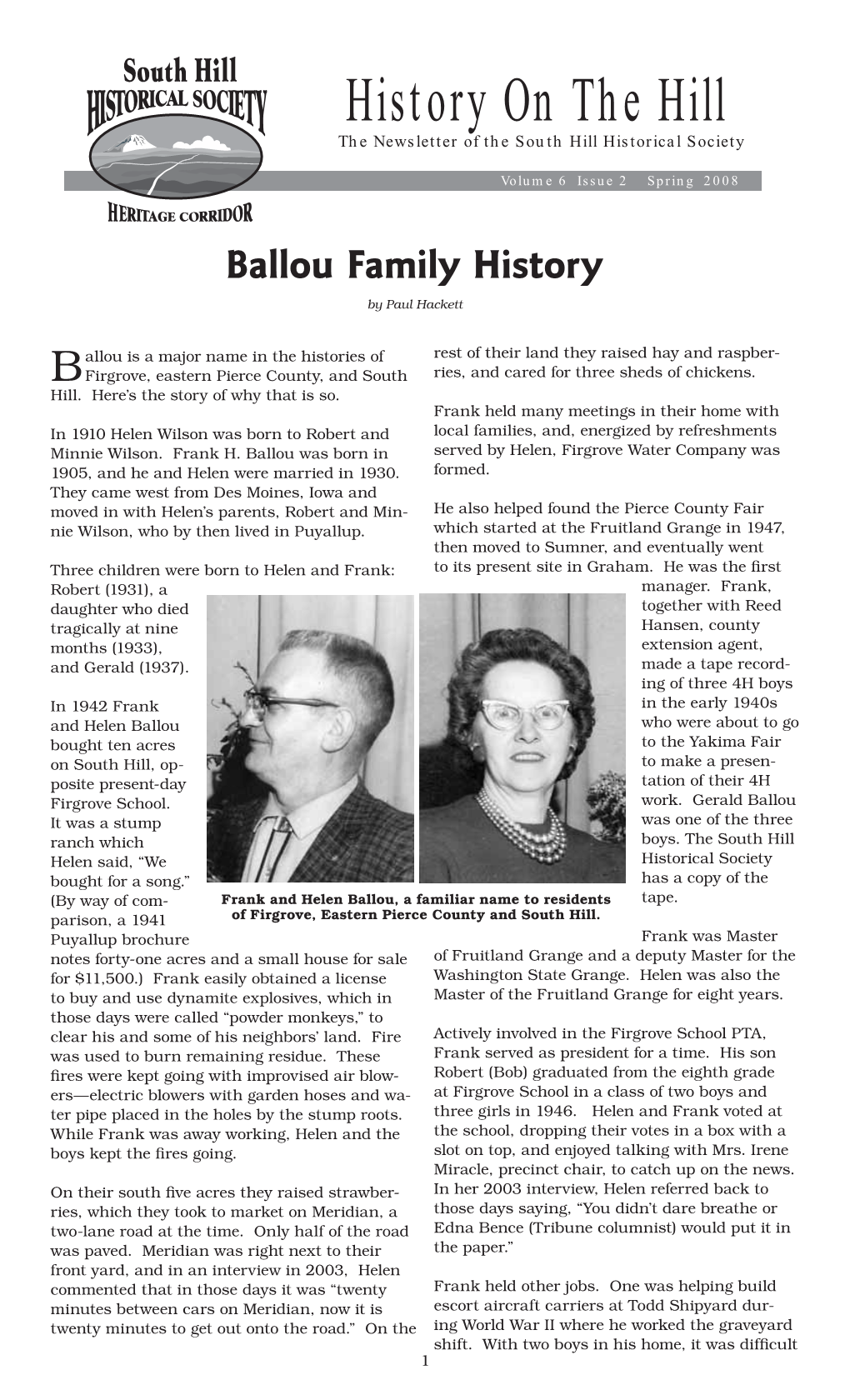 History on the Hill the Newsletter of the South Hill Historical Society