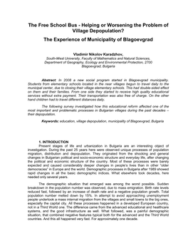 The Free School Bus - Helping Or Worsening the Problem of Village Depopulation? the Experience of Municipality of Blagoevgrad