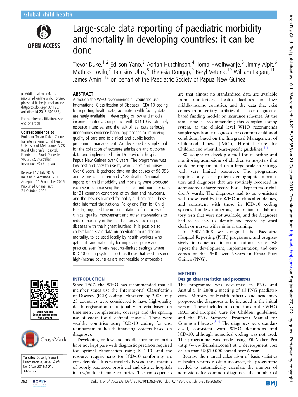 Large-Scale Data Reporting of Paediatric Morbidity and Mortality In