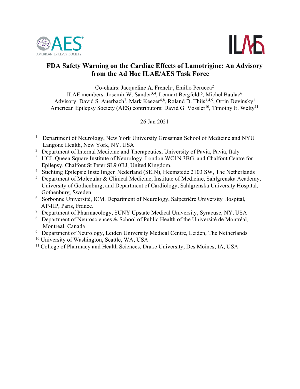 FDA Safety Warning on the Cardiac Effects of Lamotrigine: an Advisory from the Ad Hoc ILAE/AES Task Force