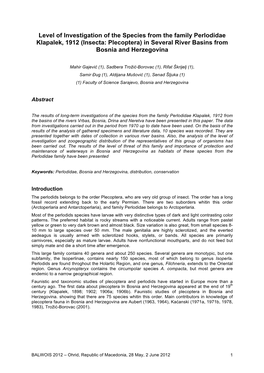 Level of Investigation of the Species from the Family Perlodidae Klapalek, 1912 (Insecta: Plecoptera) in Several River Basins from Bosnia and Herzegovina