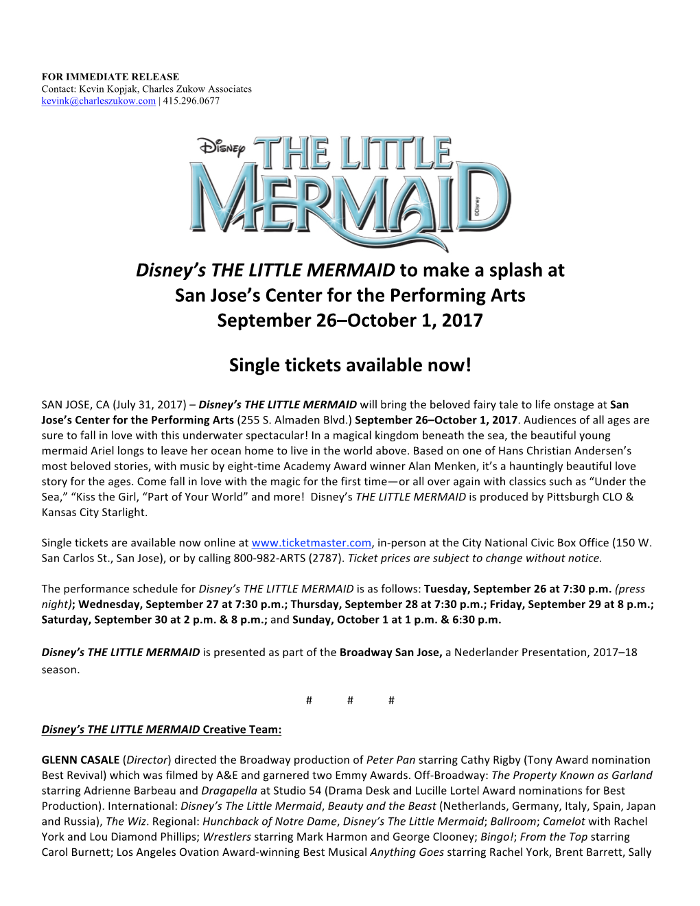 Disney's the LITTLE MERMAID to Make a Splash at San Jose's Center for the Performing Arts September 26–October 1, 2017