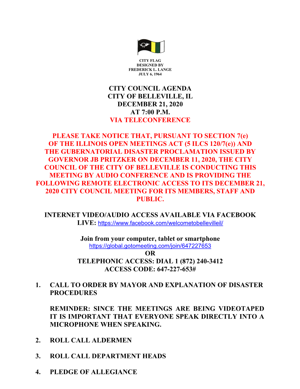 City Council Agenda City of Belleville, Il December 21, 2020 at 7:00 Pm