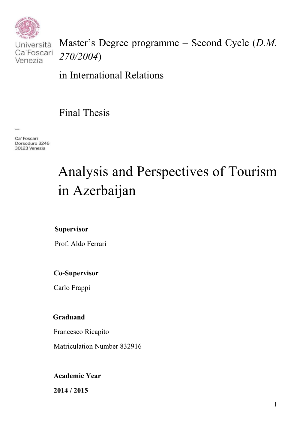 Analysis and Perspectives of Tourism in Azerbaijan