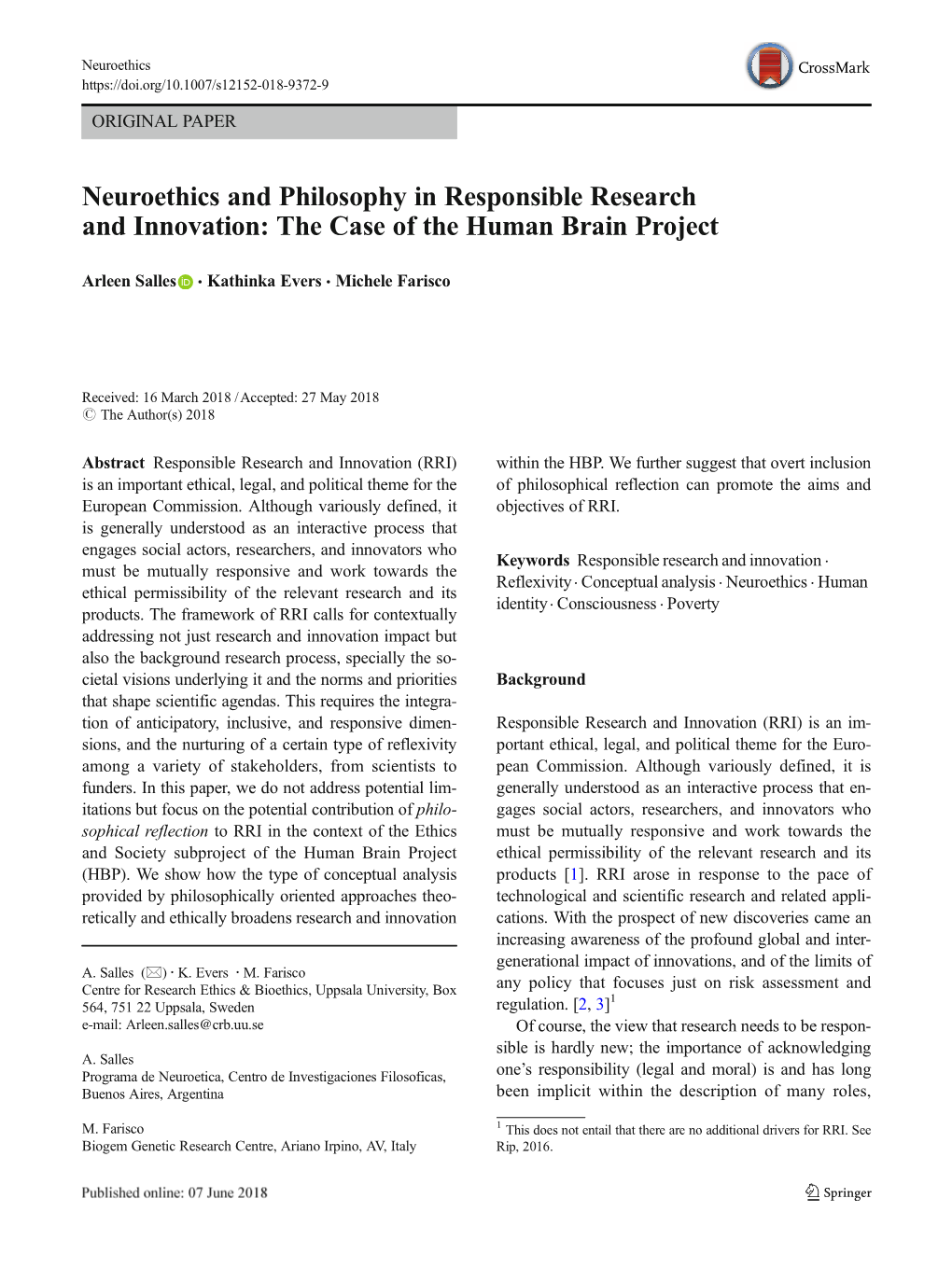 Neuroethics and Philosophy in Responsible Research and Innovation: the Case of the Human Brain Project