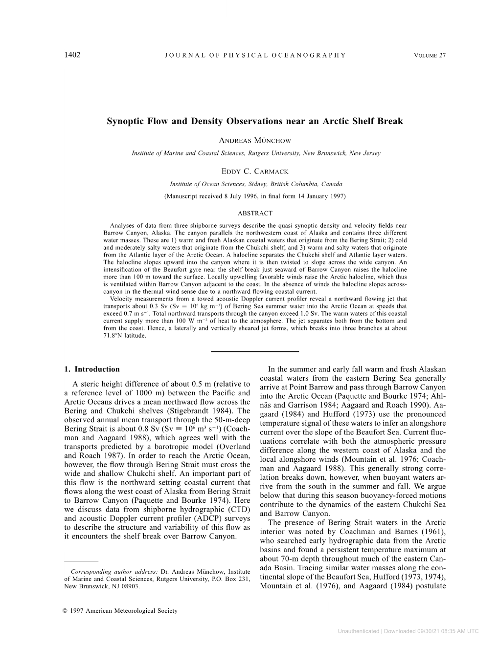 Synoptic Flow and Density Observations Near an Arctic Shelf Break