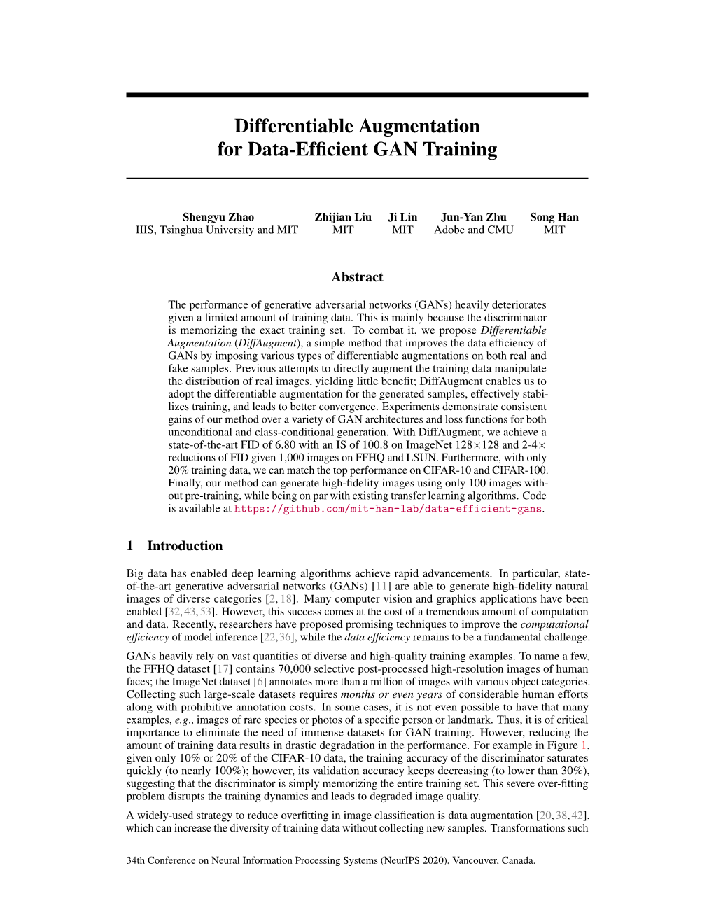 Differentiable Augmentation for Data-Efficient GAN Training