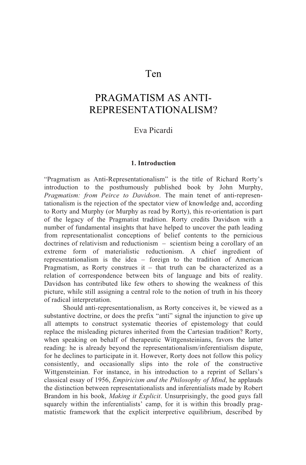 Ten PRAGMATISM AS ANTI- REPRESENTATIONALISM?
