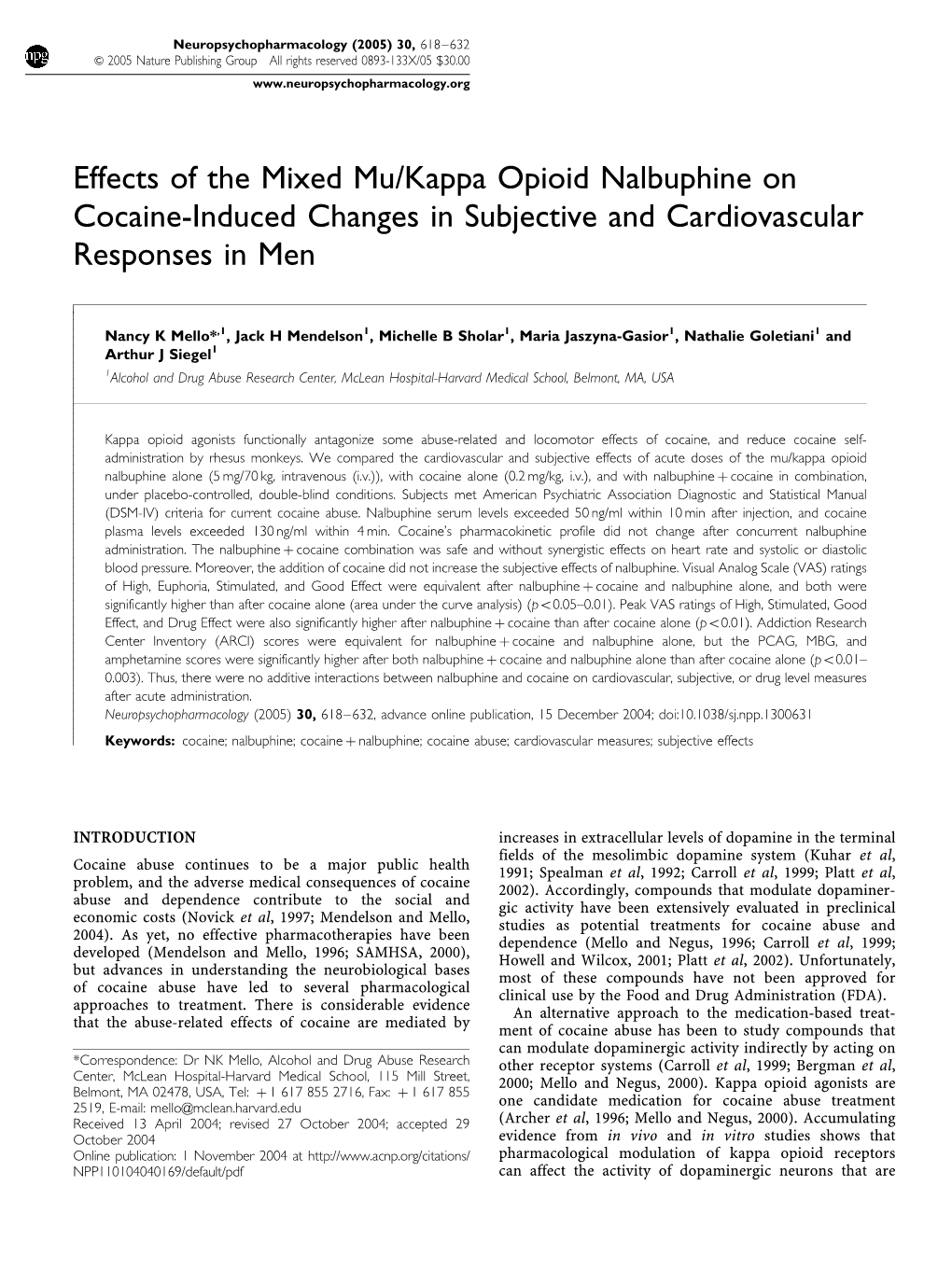 Effects of the Mixed Mu/Kappa Opioid Nalbuphine on Cocaine-Induced Changes in Subjective and Cardiovascular Responses in Men