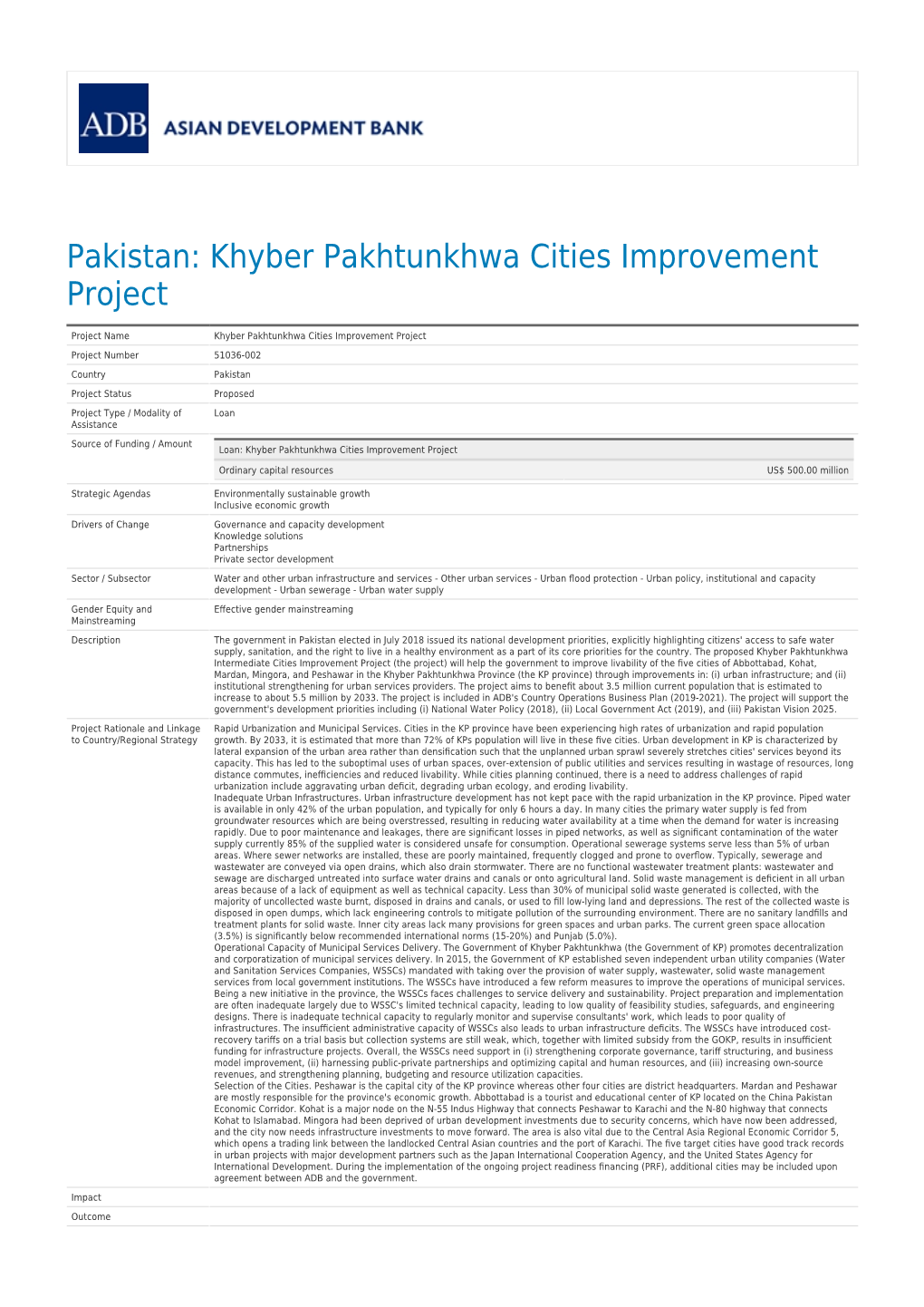 Pakistan: Khyber Pakhtunkhwa Cities Improvement Project