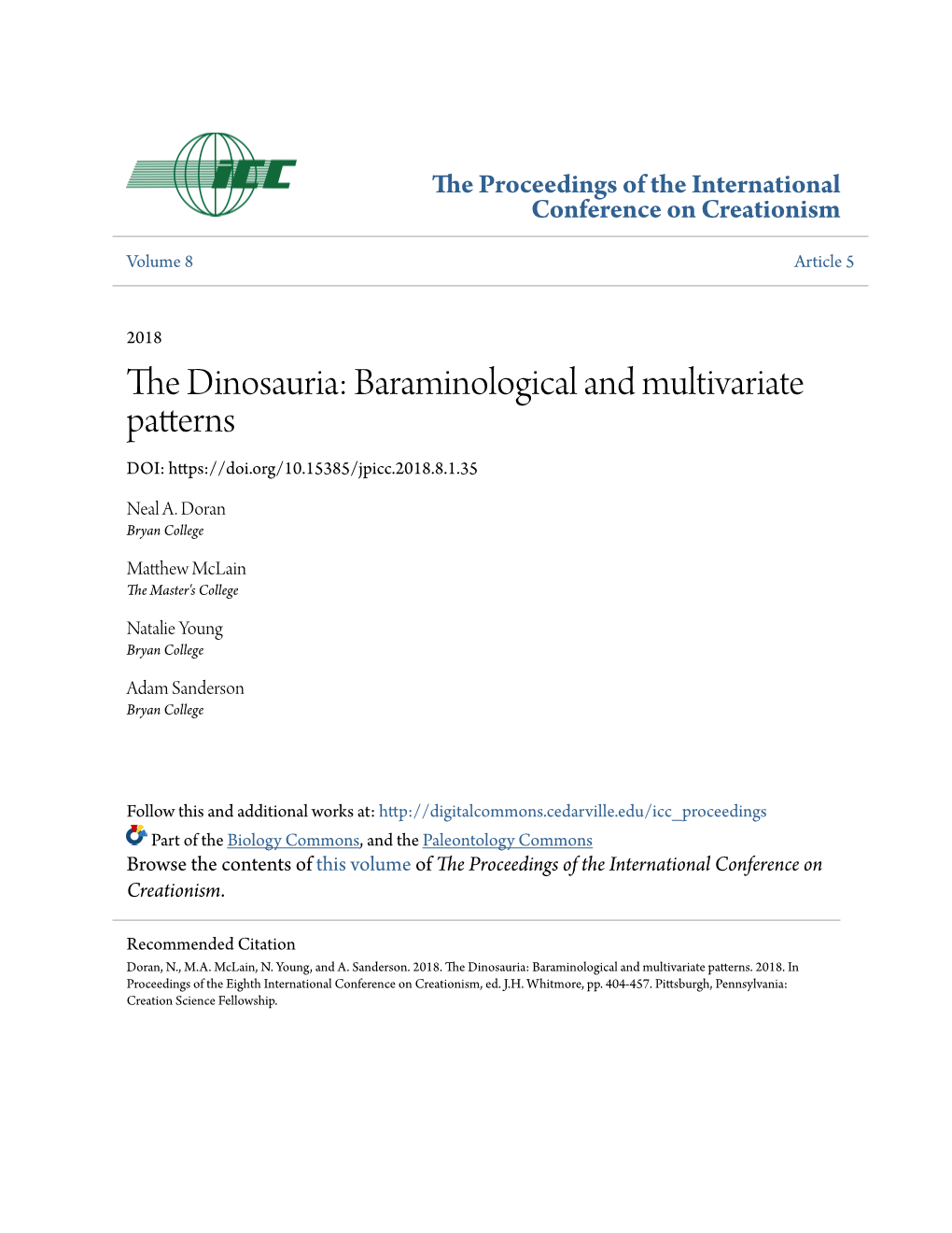 The Dinosauria: Baraminological and Multivariate Patterns DOI