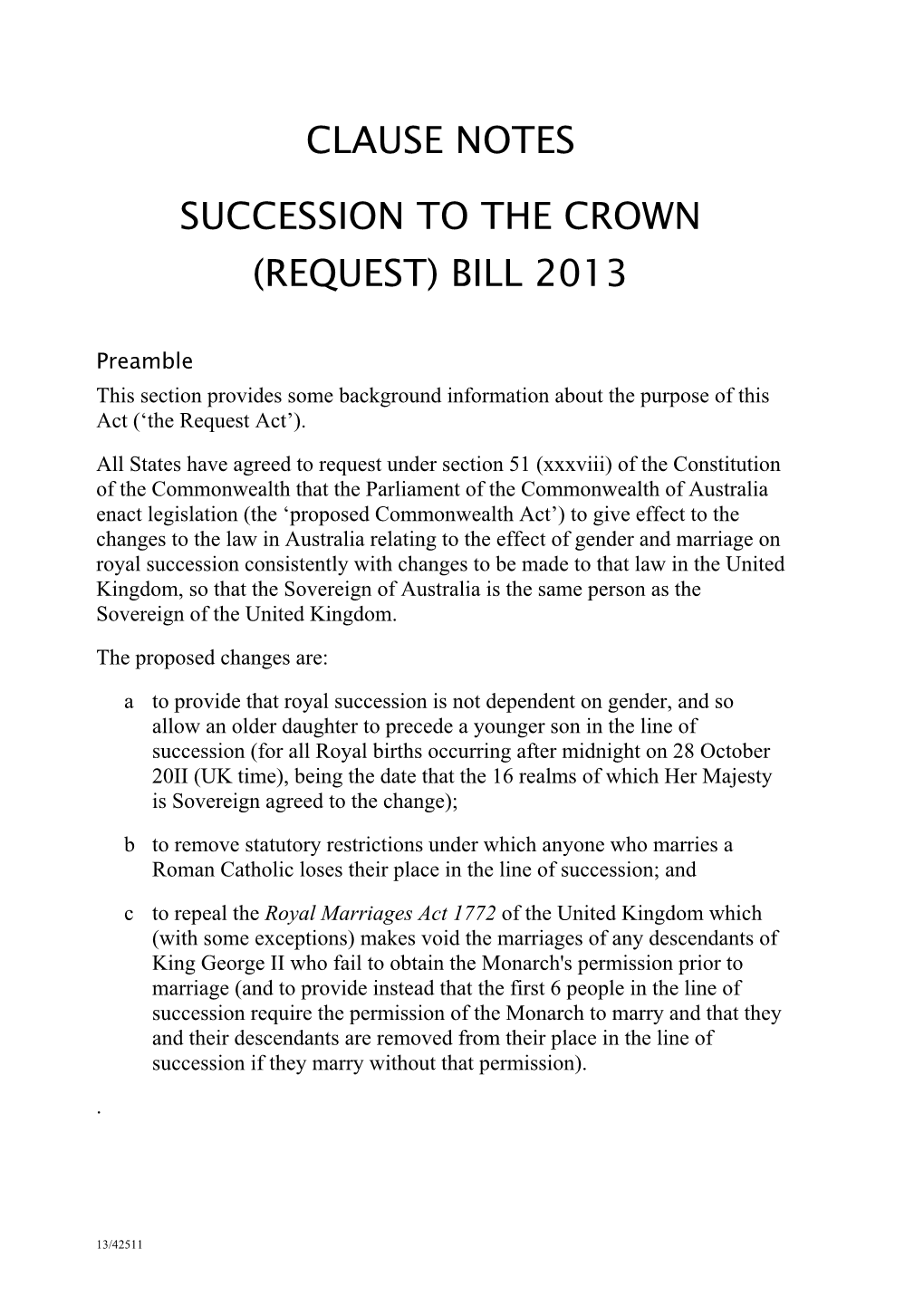 Clause Notes Succession to the Crown (Request) Bill 2013