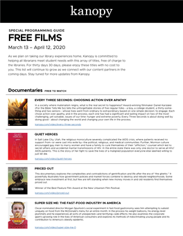 FREE FILMS March 13 – April 12, 2020
