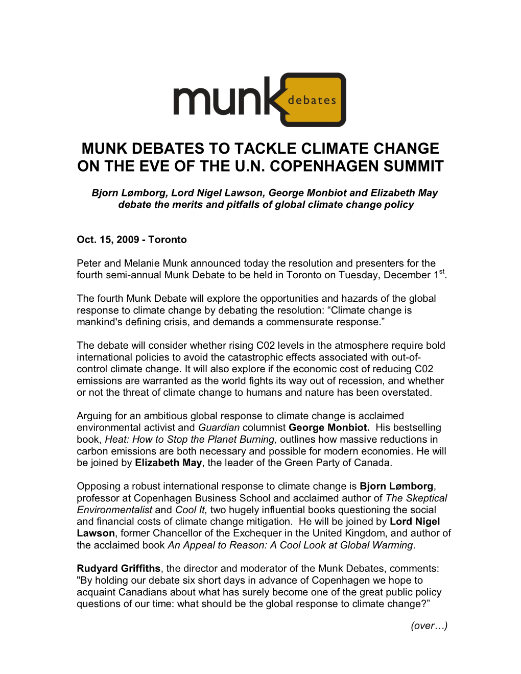 Munk Debates to Tackle Climate Change on the Eve of the U.N